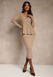 Beżowy Dzianinowy Komplet z Wiskozą Elegancki Kardigan i Spódnica Unalaia. Brązowe swetry Renee, bez wzorów, z dzianiny, eleganckie, bez ramiączek. Za 159.99 zł.