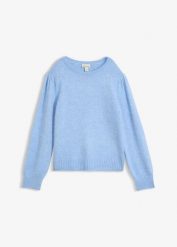 Sweter z bufiastymi rękawami. Niebieskie swetry bonprix, bez wzorów, z dzianiny, bez ramiączek. Za 129.99 zł.