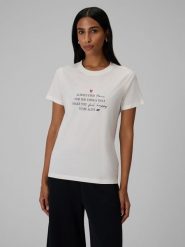 4F T-shirt regular z nadrukiem damski - kremowy XXL. Białe t-shirty 4f, m, bez wzorów, z bawełny, klasyczne, bez kołnierzyka, bez ramiączek. Za 69.99 zł.