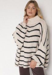Beżowy Golf Oversize w Paski z Domieszką Wełny i Wiskozy Nexeia. Brązowe swetry Born2be, bez wzorów, z jeansu, eleganckie, bez ramiączek. Za 159.99 zł.