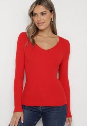 Czerwony Sweter Prążkowany z Trójkątnym Dekoltem Vorila. Czerwone swetry Born2be, s, bez wzorów, prążkowane, eleganckie, bez ramiączek. Za 39.99 zł.