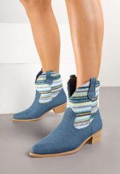 Niebieskie Botki Typu Kowbojki na Niskim Obcasie Elearisha. Niebieskie botki Renee, bez wzorów, z jeansu, eleganckie, ze szpiczastym noskiem, bez obcasa, na obcasie, bez zapięcia. W wyprzedaży za 112.49 zł.