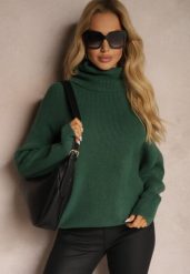 Ciemnozielony Golf z Domieszką Wiskozy i Kaszmiru Azivara. Zielone swetry Renee, l, z aplikacjami, z jeansu, eleganckie, bez ramiączek. Za 149.99 zł.