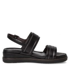 Sandały Tamaris. Czarne sandały Tamaris, bez wzorów, bez obcasa, na koturnie, bez zapięcia. Za 319.99 zł.