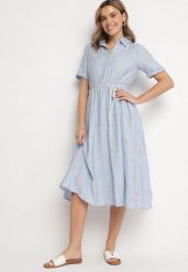 Niebieska Rozkloszowana Sukienka z Wiskozy o Koszulowym Kroju z Wiązanym Paskiem Lisalinea. Niebieskie sukienki Born2be, na co dzień, l, bez wzorów, z wiskozy, eleganckie, bez kołnierzyka, bez ramiączek, midi, koszulowe. Za 139.99 zł.