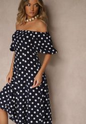 Granatowa Sukienka Hiszpanka Vices w Kropki o Rozkloszowanym Kroju Zilua. Niebieskie sukienki Renee, na spotkanie biznesowe, l, bez wzorów, z materiału, retro, bez kołnierzyka, bez ramiączek, midi, rozkloszowane. Za 129.99 zł.