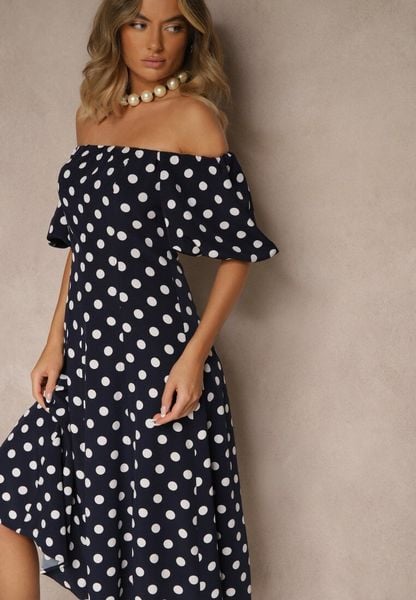 Granatowa Sukienka Hiszpanka Vices w Kropki o Rozkloszowanym Kroju Zilua. Niebieskie sukienki Renee, na spotkanie biznesowe, l, bez wzorów, z materiału, retro, bez kołnierzyka, bez ramiączek, midi, rozkloszowane. Za 129.99 zł.