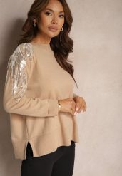 Beżowy Sweter z Wiskozą i Modalem Ozdobiony Cekinami i Perłami Iveara. Brązowe swetry Renee, na zimę, bez wzorów, z wiskozy, casualowe, bez ramiączek. W wyprzedaży za 95.99 zł.
