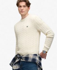 Superdry Sweter z bawełnianym splotem warkoczowym – Relaxed. Białe swetry Superdry, m, z aplikacjami, z bawełny, bez ramiączek. Za 354.05 zł.
