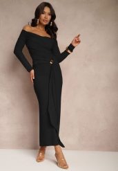 Czarna Marszczona Sukienka o Dopasowanym Kroju z Trenem i Rozcięciem Aluilea. Czarne sukienki Renee, na co dzień, m, bez wzorów, eleganckie, bez kołnierzyka, bez ramiączek, maxi, dopasowane. W wyprzedaży za 119.99 zł.