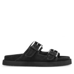 Klapki Eva Minge. Czarne klapki Eva Minge, bez wzorów, bez obcasa, bez zapięcia. Za 399.99 zł.