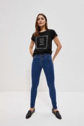 Jeansy push up z guzikami ciemnoniebieskie. Niebieskie jeansy MOODO, xs, bez wzorów, z bawełny, długie. W wyprzedaży za 38.99 zł.