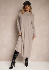 Beżowa Pudełkowa Sukienka Sweterkowa z Wiskozą i Golfem Rinnine. Brązowe sukienki Renee, na co dzień, bez wzorów, z wiskozy, eleganckie, bez kołnierzyka, bez ramiączek, maxi. W wyprzedaży za 87.99 zł.