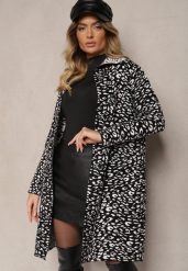 Czarno-Biały Niezapinany Kardigan z Kieszeniami w Panterkowy Print Riaverna. Czarne swetry Renee, bez wzorów, eleganckie, bez ramiączek. W wyprzedaży za 103.99 zł.