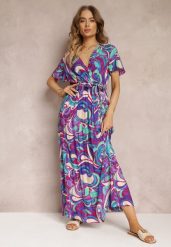 Fioletowa Wiskozowa Sukienka Maxi z Gumką w Talii i Materiałowym Paskiem Saramu. Fioletowe sukienki Renee, s, bez wzorów, z materiału, bez kołnierzyka, bez ramiączek, maxi, rozkloszowane. W wyprzedaży za 67.99 zł.