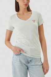 GUESS Miętowy damski t-shirt na krótki rękaw V-Neck Mini Triangle, Rozmiar M. Niebieskie t-shirty Guess, m, z aplikacjami, eleganckie, bez kołnierzyka, bez ramiączek. W wyprzedaży za 89.99 zł.