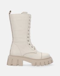 BEŻOWE WORKERY Z WYSOKĄ CHOLEWKĄ 0020023300 BEIGE. Brązowe botki Venezia, bez wzorów, ze skóry, przed kolano, bez obcasa, bez zapięcia. Za 419.00 zł.