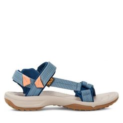 Sandały Teva. Niebieskie sandały Teva, bez wzorów, sportowe, bez obcasa, bez zapięcia. Za 269.99 zł.