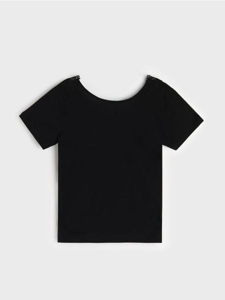 Bluzka z krótkim rękawem - czarny. Czarne bluzki Sinsay, l, bez wzorów, bez kołnierzyka, bez ramiączek. Za 35.99 zł.