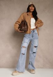 Niebieskie Jeansy High Waist Wide Leg z Ozdobnymi Przetarciami i Dziurami Elintyse. Niebieskie jeansy Renee, l, bez wzorów, z jeansu, klasyczne, z podwyższonym stanem. Za 109.99 zł.