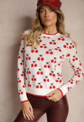 Biały Casualowy Sweter z Wiskozą Ozdobiony Printem w Wisienki Avattria. Białe swetry Renee, bez wzorów, z jeansu, casualowe, bez ramiączek. W wyprzedaży za 111.99 zł.