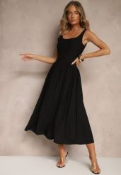 Czarna Rozkloszowana Sukienka z Wiskozy Milunisa. Czarne sukienki Renee, na co dzień, m, bez wzorów, z jeansu, eleganckie, bez kołnierzyka, bez ramiączek, maxi, rozkloszowane. W wyprzedaży za 67.99 zł.