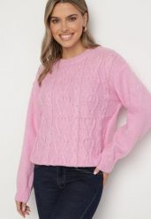 Różowy Sweter z Wełną Ściągaczem i Tłoczeniem Riavonnae. Czerwone swetry Born2be, bez wzorów, z jeansu, eleganckie, bez ramiączek. Za 79.99 zł.