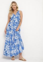 Niebieska Wiskozowa Sukienka z Kopertowym Dekoltem Wiązana na Szyi z Gumką w Talii Vikissai. Niebieskie sukienki Born2be, l, bez wzorów, z wiskozy, eleganckie, bez kołnierzyka, bez ramiączek, maxi, kopertowe. W wyprzedaży za 63.74 zł.