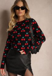 Czarny Casualowy Sweter z Wiskozą Ozdobiony Printem w Wisienki Avattria. Czarne swetry Renee, bez wzorów, z jeansu, casualowe, bez ramiączek. W wyprzedaży za 111.99 zł.