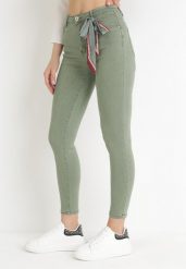 Ciemnozielone Spodnie Skinny z Wysokim Stanem i Kokardką przy Pasie Diorene. Zielone jeansy Born2be, m, bez wzorów, z jeansu, z podwyższonym stanem. Za 129.99 zł.