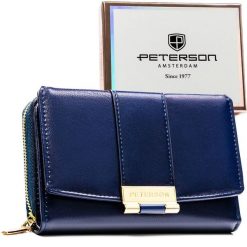Granatowy, poziomy portfel damski wykonany ze skóry ekologicznej i zamykany na zatrzask - Peterson. Niebieskie portfele Peterson, bez wzorów, ze skóry ekologicznej. Za 99.99 zł.
