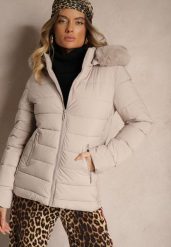 Ciemnobeżowa Taliowana Kurtka z Pikowanymi Przeszyciami z Kapturem z Futerkiem Loretina. Brązowe kurtki Renee, na zimę, l, bez wzorów, z jeansu, z kapturem. Za 149.99 zł.