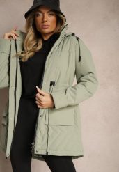Jasnozielona Kurtka Pikowana w Stylu Parki ze Ściągaczem w Talii i Odpinanym Kapturem Erivieria. Zielone kurtki Renee, l, bez wzorów, z jeansu, eleganckie, z kapturem. W wyprzedaży za 262.49 zł.