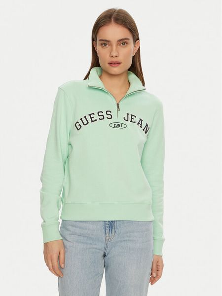 Guess Jeans Bluza W5RQ25 K68I4 Zielony Regular Fit. Zielone bluzy Guess Jeans, xl, z aplikacjami, z bawełny, bez ramiączek, bez kaptura. Za 219.99 zł.