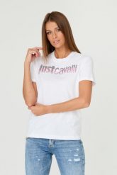 JUST CAVALLI Biały t-shirt R LOGO CRYSTAL. Białe t-shirty Just Cavalli, s, bez wzorów, z bawełny, bez kołnierzyka, bez ramiączek. W wyprzedaży za 299.99 zł.