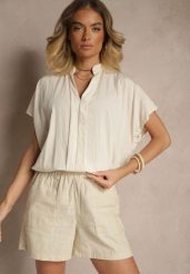 Beżowa Bluzka Oversize z Wiskozą o Kroju Nietoperz z Dekoltem w Serek Davithiel. Brązowe bluzki Renee, bez wzorów, z jeansu, eleganckie, bez kołnierzyka, bez ramiączek. W wyprzedaży za 55.99 zł.