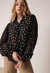 Czarna Bawełniano-Wiskozowa Koszula w Groszki z Plisowanymi Rękawami Ronan. Czarne koszule Born2be, l, bez wzorów, z bawełny, biznesowe, bez kołnierzyka, bez ramiączek. Za 109.99 zł.