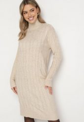 Jasnobeżowa Pudełkowa Sukienka Sweterkowa z Bawełną Wełną i Golfem Ozdobiona Splotem Teralinne. Brązowe sukienki Born2be, na co dzień, m, bez wzorów, z bawełny, klasyczne, bez kołnierzyka, bez ramiączek, midi. Za 89.99 zł.