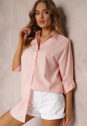 Jasnoróżowa Gładka Koszula z Kołnierzem i Długimi Rękawami Mileena. Czerwone koszule Renee, l, bez wzorów, z bawełny, eleganckie, bez kołnierzyka, plus size, bez ramiączek. W wyprzedaży za 63.99 zł.