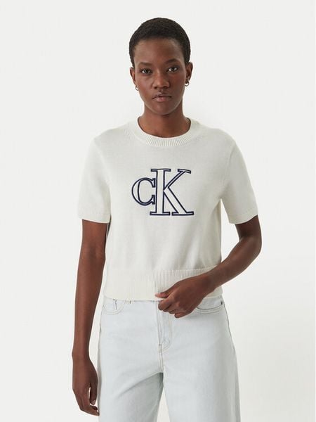 Calvin Klein Jeans Sweter LV047F356G Écru Regular Fit. Białe swetry Calvin Klein Jeans, xs, bez wzorów, z bawełny, bez ramiączek. Za 252.99 zł.