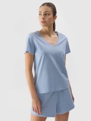 4F T-shirt gładki damski - niebieski XS. Niebieskie t-shirty 4f, xs, bez wzorów, z bawełny, sportowe, bez kołnierzyka, bez ramiączek. W wyprzedaży za 39.99 zł.