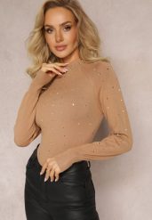 Ciemnobeżowy Sweter Golf z Cyrkoniami z Przodu Jacque. Brązowe swetry Renee, s, bez wzorów, bez ramiączek. W wyprzedaży za 55.99 zł.