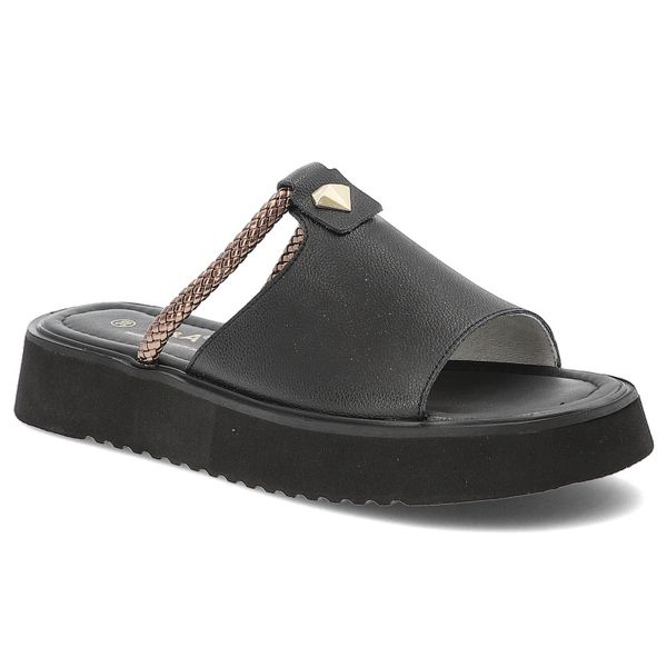 Czarne Klapki S.Barski Modne Obuwie Damskie. Czarne klapki S.BARSKI, z aplikacjami, ze skóry, eleganckie, bez obcasa, bez zapięcia. Za 149.00 zł.