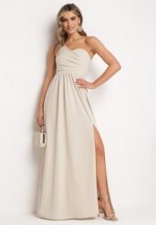 Beżowa Elegancka Rozkloszowana Sukienka na Jedno Ramię Wistlia. Brązowe sukienki Born2be, na imprezę, l, bez wzorów, eleganckie, z asymetrycznym kołnierzem, bez ramiączek, maxi, asymetryczne. W wyprzedaży za 104.99 zł.