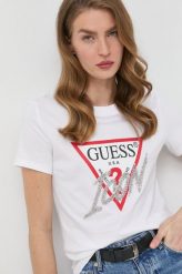 Guess t-shirt bawełniany kolor biały. Białe t-shirty Guess, l, z aplikacjami, z bawełny, bez kołnierzyka, bez ramiączek. W wyprzedaży za 149.99 zł.