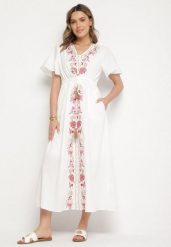 Biała Bawełniana Sukienka Boho o Rozkloszowanym Kroju z Haftem i Frędzlami Modixa. Białe sukienki Born2be, na co dzień, l, z aplikacjami, z bawełny, boho, bez kołnierzyka, bez ramiączek, maxi, rozkloszowane. W wyprzedaży za 110.49 zł.