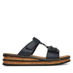 Klapki Rieker. Niebieskie klapki Rieker, bez wzorów, bez obcasa, bez zapięcia. Za 299.99 zł.