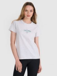 4F T-shirt regular z nadrukiem damski - szary L. Szare t-shirty sportowe 4f, l, bez wzorów, z bawełny, bez ramiączek. W wyprzedaży za 39.99 zł.