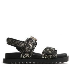 Sandały Guess. Czarne sandały Guess, z aplikacjami, bez obcasa, na płaskiej podeszwie, bez zapięcia. Za 549.99 zł.