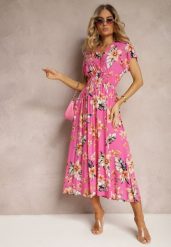 Różowa Kopertowa Sukienka w Kwiaty z Gumką w Talii Nobbia. Czerwone sukienki Renee, na co dzień, l, bez wzorów, z bawełny, bez kołnierzyka, bez ramiączek, midi, kopertowe. W wyprzedaży za 55.99 zł.